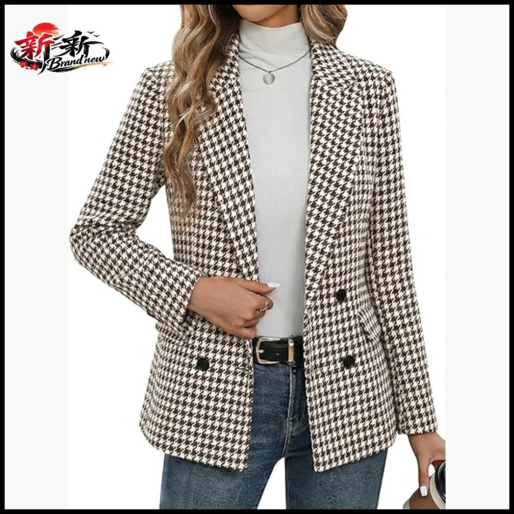 Polyester Blend Tweed Houndstooth Blazer Jacket Double-Breasted Casual Work